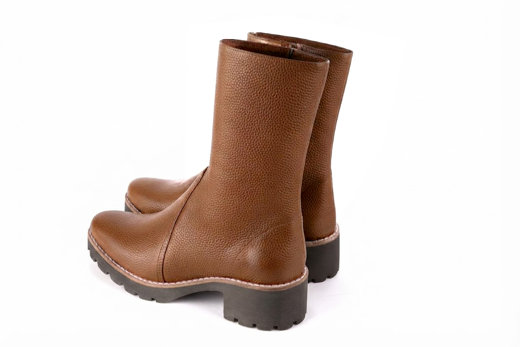 Women's cognac inside-zip ankle boots with round toe and chunky rubber lug sole - Rear view